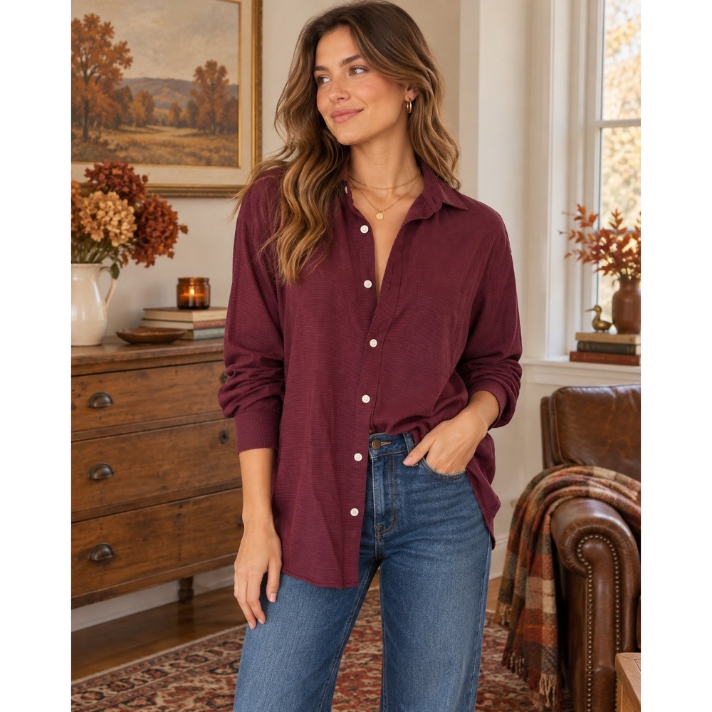 Tommy Hilfiger Men's Burgundy Slim Fit Stretch Button-Up – Size 15/32–33 |Unisex
